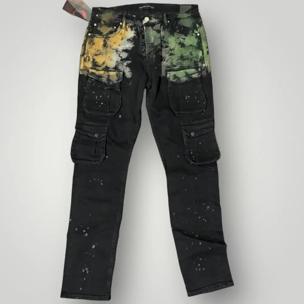NWT Art Meets Chaos Donwan Harrell Cargo Jeans 34 Black Acid Wash Paint Splatter